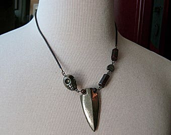 Pyrite Arrowhead Choker, Skull Heart Accent, Brown Leather Cord
