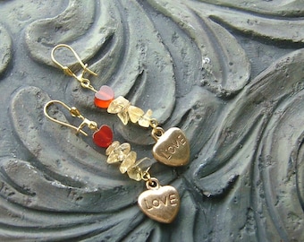 Carnelian Heart & Citrine Chip Earrings – Gold 'Love' Charm