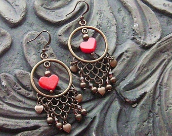 Red Coral Heart Earrings: Brass Hoops with Topaz Crystals