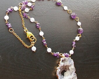 Lavender Druzy Necklace, Amethyst, Jade, Gold, Asymmetrical Gemstone Jewelry