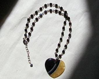 Striped Agate Heart Choker, Bee Inspired, Czech Glass Cube Chain