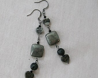 Pyrite Square and Heart Earrings with Lava and Silver Leaf Jasper on Gunmetal, Gray, Black, Shiny Metal