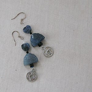 Blue Agate Buddha Earrings with Sodalite Hearts, Chinese Coins, Silver, Blue image 1