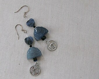 Blue Agate Buddha Earrings with Sodalite Hearts, Chinese Coins, Silver, Blue