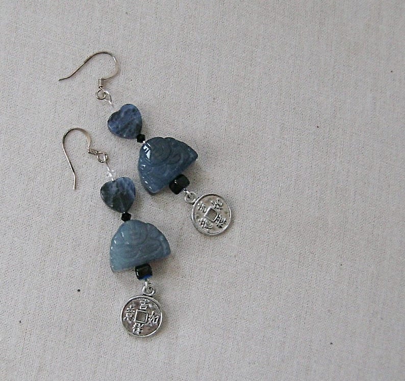 Blue Agate Buddha Earrings with Sodalite Hearts, Chinese Coins, Silver, Blue image 1