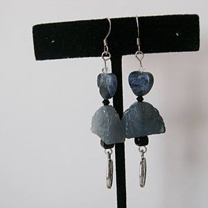 Blue Agate Buddha Earrings with Sodalite Hearts, Chinese Coins, Silver, Blue image 4