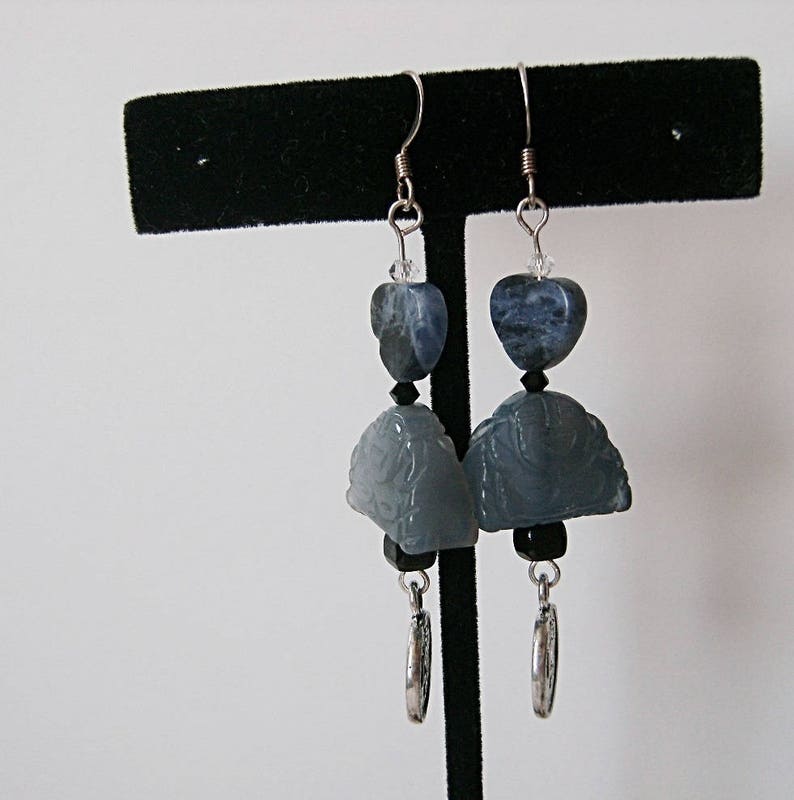 Blue Agate Buddha Earrings with Sodalite Hearts, Chinese Coins, Silver, Blue image 4