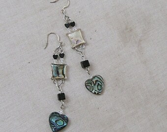 Abalone Shell and Blue Goldstone Heart Earrings -Sea of Love-Blue, Green, Silver, CLEARANCE