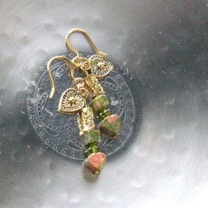Unakite Gemstone Heart Earrings Uniquely You Grassy Green, Peachy Salmon on Gold, Peridot, CLEARANCE image 1