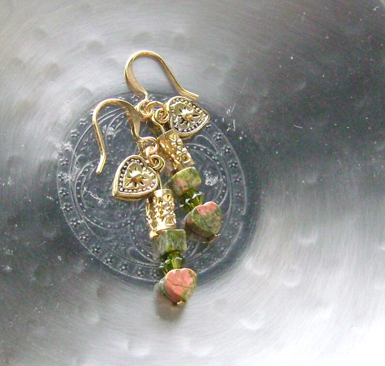 Unakite Gemstone Heart Earrings Uniquely You Grassy Green, Peachy Salmon on Gold, Peridot, CLEARANCE image 1