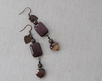 Burgundy Mookaite Jasper Earrings, Copper Heart, Swarovski Crystals