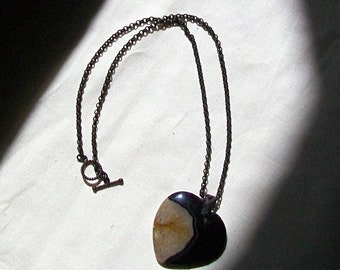 Striped Agate Heart Choker, Blackened Brass Chain, Bumble Bee Collection