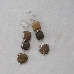 Ochre Ocean Jasper Heart Earrings with Bronzite on Silver, Ochre, Brown, Yellow, Silver