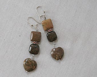 Ochre Ocean Jasper Heart Earrings with Bronzite on Silver, Ochre, Brown, Yellow, Silver