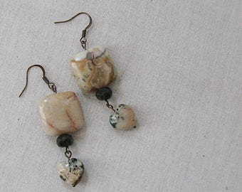 Crazy Lace Agate Squares and Moss Opalite Heart Earrings on Copper, Yellow, Cream, Red, Black, Copper