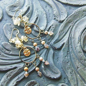 Pietersite Heart and Citrine Gemstone Earrings - Mr. Sunshine- Golden Yellow, Tan, Brown, Cream on Gold, CLEARANCE