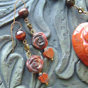 Poppy Jasper Heart Gemstone Necklace and Earrings Set Rose Garden Burnt Orange, Earthy, Dark Brown on Gold image 2