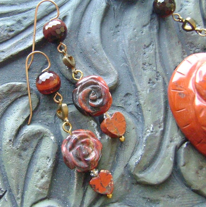 Poppy Jasper Heart Gemstone Necklace and Earrings Set Rose Garden Burnt Orange, Earthy, Dark Brown on Gold image 2