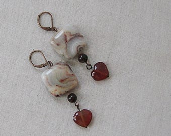 Crazy Lace Agate Earrings with Red Agate Hearts, Red Tiger's Eye on Copper, Yellow, Cream, Orange, Red