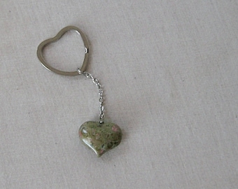 Unakite Gemstone Heart Keychain, Grassy Green on Silver