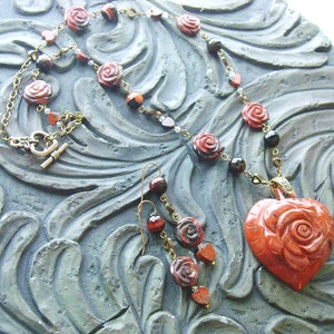 Poppy Jasper Heart Gemstone Necklace and Earrings Set Rose Garden Burnt Orange, Earthy, Dark Brown on Gold image 1