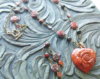 Poppy Jasper Rose Heart Necklace and Earrings Set – Antique Brass
