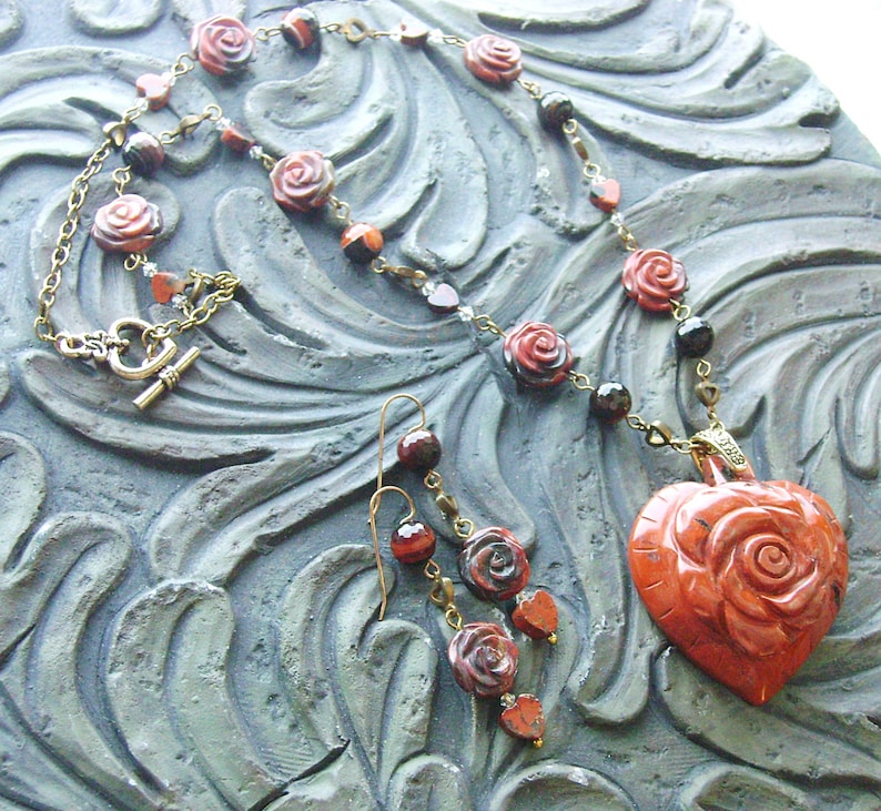 Poppy Jasper Heart Gemstone Necklace and Earrings Set Rose Garden Burnt Orange, Earthy, Dark Brown on Gold image 1