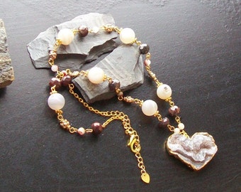 Geode druzy heart gemstone necklace with geode druzy beads, poppy jasper-My Crystalline Heart