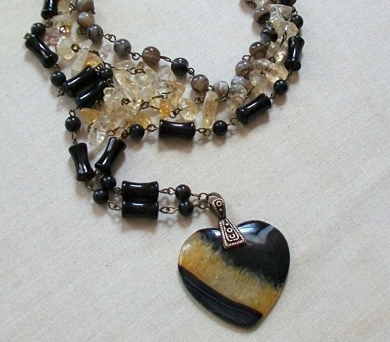 Black and Yellow Agate Heart Layered Necklace-Boho Bee-Citrine, Striped Black Agate, Multi Strand on Brass Necklace image 4