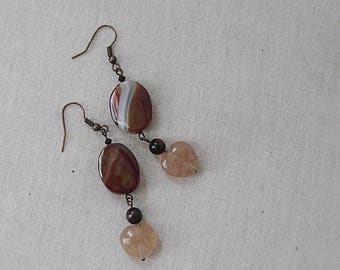 Fancy Jasper Ovals with Rutilated Quartz Hearts Earrings on Copper, Yellow, Orange, Red, Copper