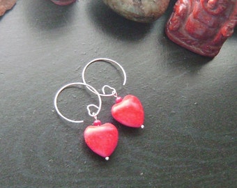 Red Heart Valentines Earrings -Red Howlite with Red Crystals on Heart Earwires