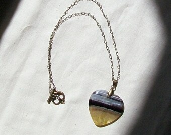 Yellow Banded Agate Heart Necklace-Striped Bee-Yellow, White, Black, Brass Mid Length Necklace
