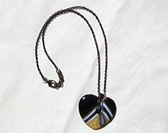 Striped Agate Heart Choker, Blackened Brass Chain, Bumble Bee Collection
