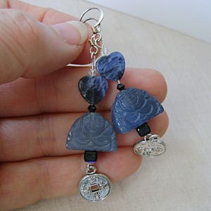 Blue Agate Buddha Earrings with Sodalite Hearts, Chinese Coins, Silver, Blue image 3