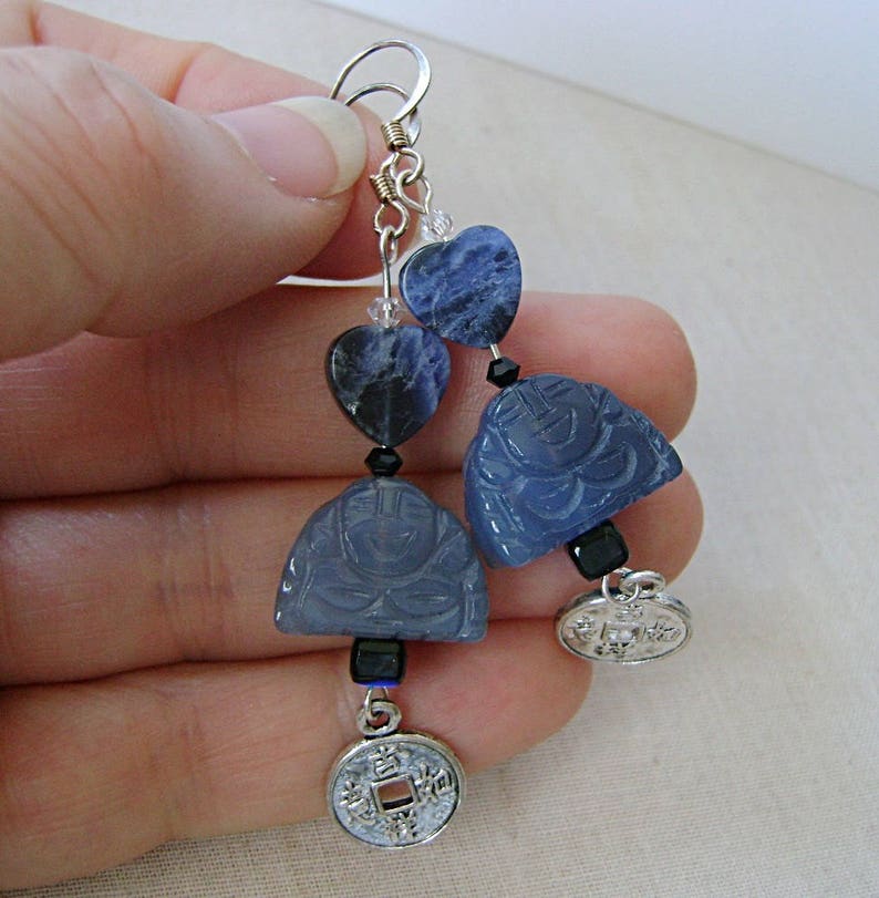 Blue Agate Buddha Earrings with Sodalite Hearts, Chinese Coins, Silver, Blue image 3