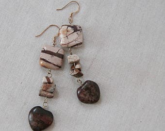 Zebra Jasper and Sesame Jasper Heart Earrings on Gold, Animal Print, Brown, Yellow, Gold