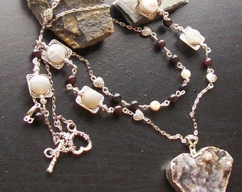 Geode druzy heart gemstone necklace, with geode druzy beads and tourmaline-Sparkle Plenty-Burgundy, Cream, Brown on Slver
