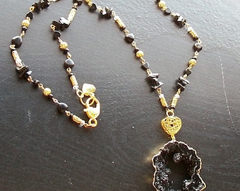 Black Druzy Focal Necklace, Agate, Gold Accents, Gemstone
