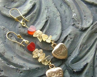 Carnelian Heart & Citrine Chip Earrings – Gold 'Love' Charm