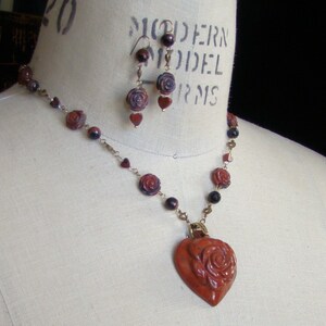 Poppy Jasper Heart Gemstone Necklace and Earrings Set Rose Garden Burnt Orange, Earthy, Dark Brown on Gold image 5