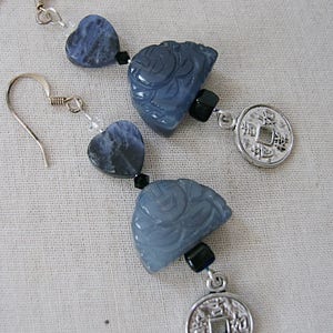 Blue Agate Buddha Earrings with Sodalite Hearts, Chinese Coins, Silver, Blue image 2