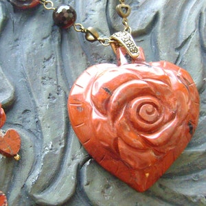 Poppy Jasper Heart Gemstone Necklace and Earrings Set Rose Garden Burnt Orange, Earthy, Dark Brown on Gold image 3
