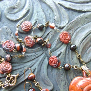 Poppy Jasper Heart Gemstone Necklace and Earrings Set Rose Garden Burnt Orange, Earthy, Dark Brown on Gold image 4