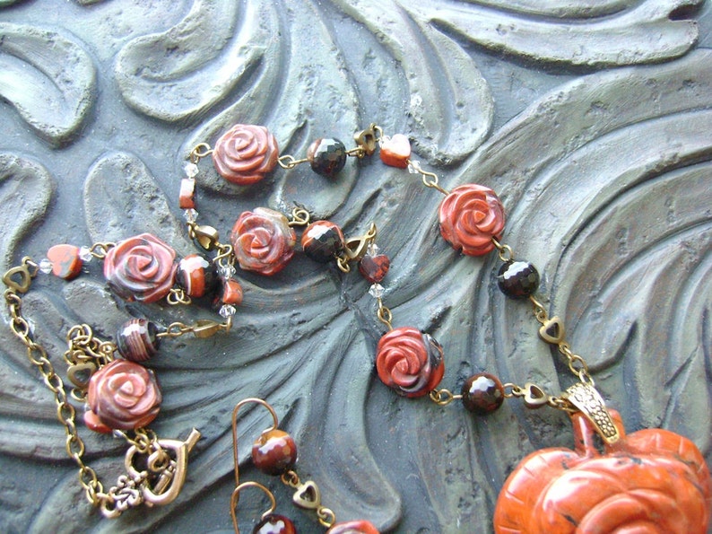 Poppy Jasper Heart Gemstone Necklace and Earrings Set Rose Garden Burnt Orange, Earthy, Dark Brown on Gold image 4