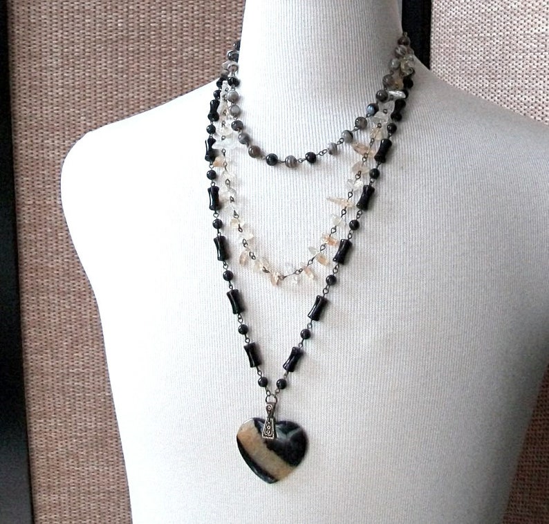 Black and Yellow Agate Heart Layered Necklace-Boho Bee-Citrine, Striped Black Agate, Multi Strand on Brass Necklace image 1