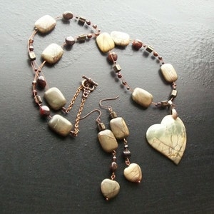 Picasso jasper and poppy jasper gemstone necklace set -Winter's Forest -Teal, Tan, Brown, Cream on Copper