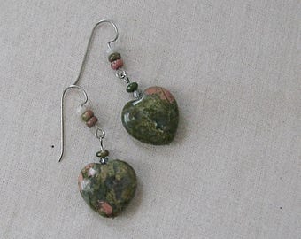 Unakite Heart Earrings, Green, Peach, Silver, Short