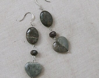 Paint Brush Jasper Heart Dangle Earrings, Silver Poppy Jasper