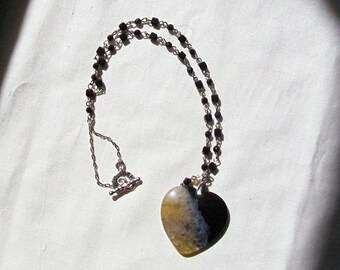 Black Agate Heart with Yellow Necklace-Subtle Bee-Yellow, Black, Mid Length Necklace