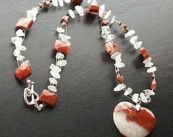 Red Jasper Heart Necklace with clear quartz chips and red jasper faceted rectangles-Rustic Ice-Burnt Sienna, Dark Red on Silver